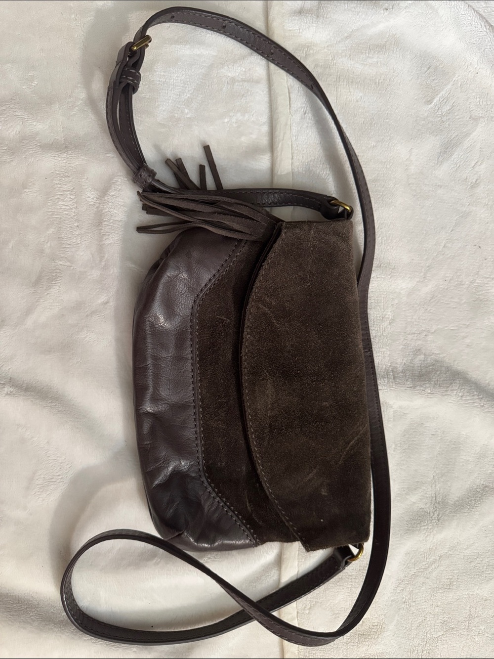 Frye Dark Brown Leather & Suede Tassel Crossbody Bag